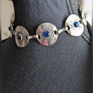 Vintage Witchy Silver Sunburst Choker Necklace With Blue Bead Accents